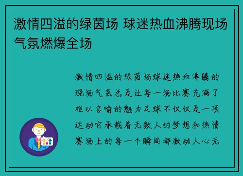 激情四溢的绿茵场 球迷热血沸腾现场气氛燃爆全场