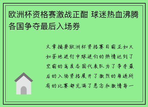 欧洲杯资格赛激战正酣 球迷热血沸腾各国争夺最后入场券