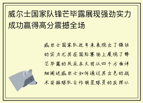 威尔士国家队锋芒毕露展现强劲实力成功赢得高分震撼全场