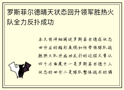 罗斯菲尔德晴天状态回升领军胜热火队全力反扑成功