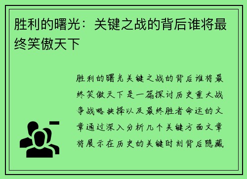 胜利的曙光：关键之战的背后谁将最终笑傲天下