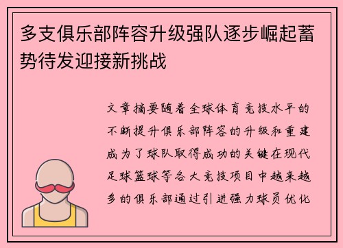 多支俱乐部阵容升级强队逐步崛起蓄势待发迎接新挑战