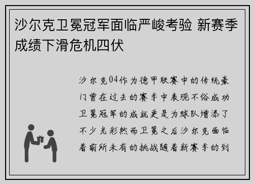 沙尔克卫冕冠军面临严峻考验 新赛季成绩下滑危机四伏
